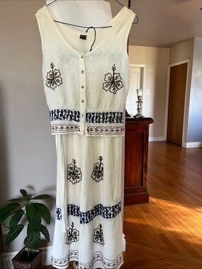 Boho White Embroidered Maxi Dress with Navy Trim